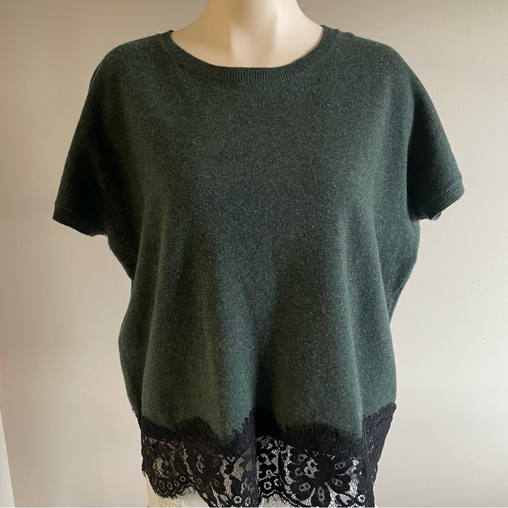 Nanette Lepore Merino Wool Short Sleeve Sweater Lace Hem Forest Green Size XL